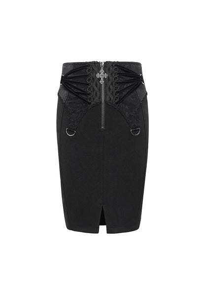Black Lace Up Floral Embroidered Women's Gothic Split Skirt