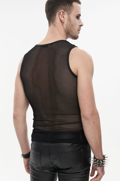Black Gothic Elasticity Perspective Rhombus Net Yarn Sleeveles Men's T-Shirt