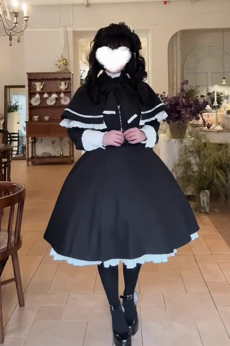 Black Long Sleeves Ruffled Bow Maid Gothic Lolita Dress Cloak Two-piece Set