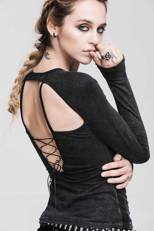 Black Hollow Out Long Sleeves Womens Punk Straps T-Shirt