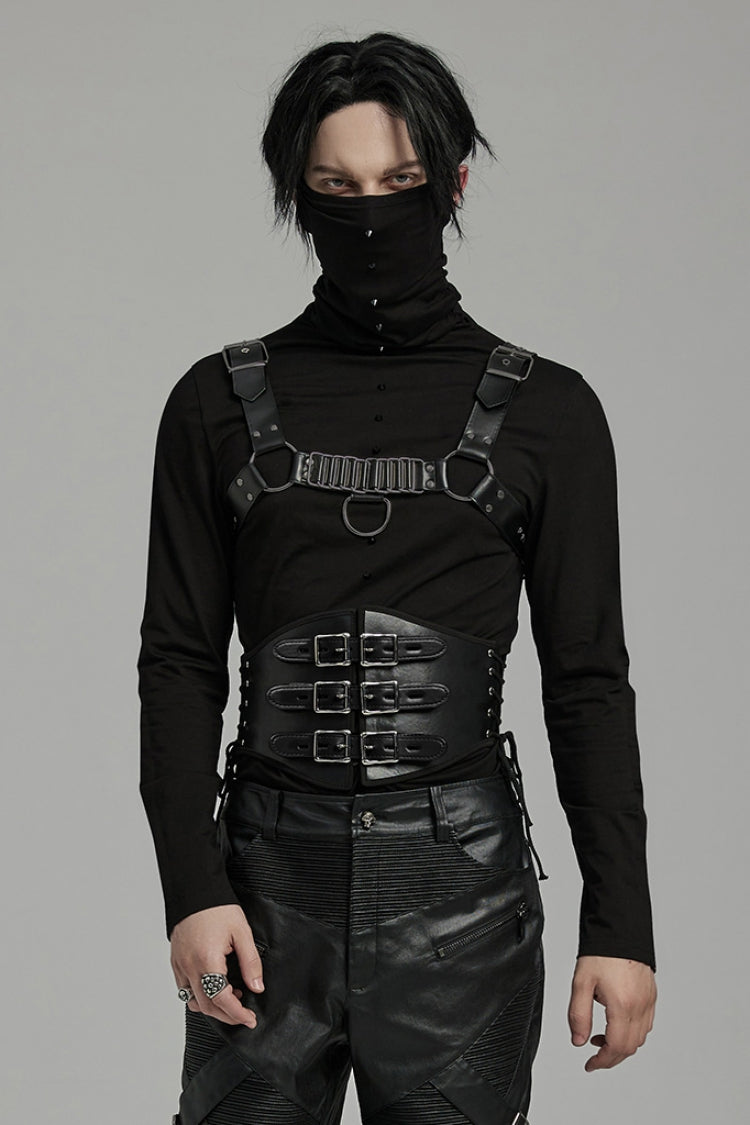 Black Lace-Up Double-buckle Men's Punk Girdle