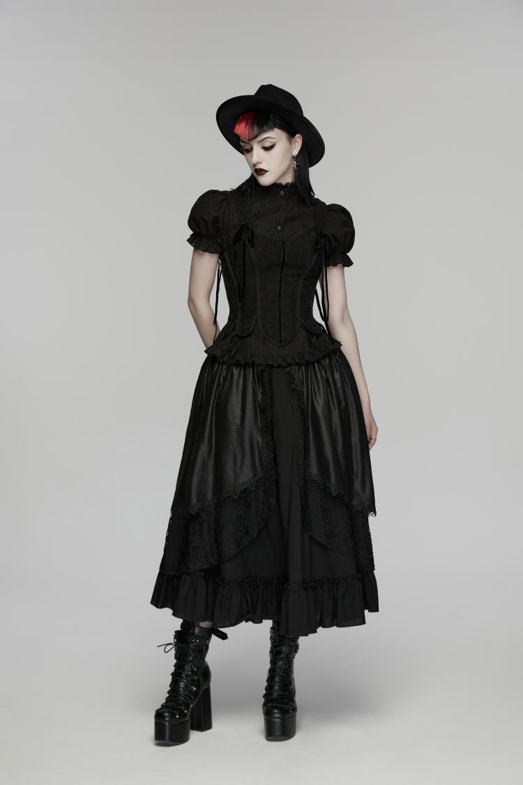 Black High Waisted Multi-Layered Floral Embroidered Lace Pleated Women's Gothic Elegant Cosplay Skirt