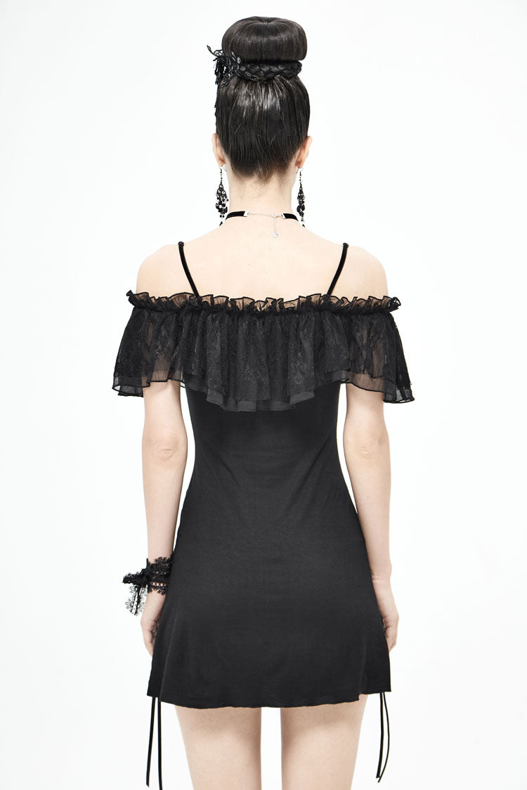 Black Lace Up Off Shoulder Chest Frilly Side Women's Punk T-Shirt