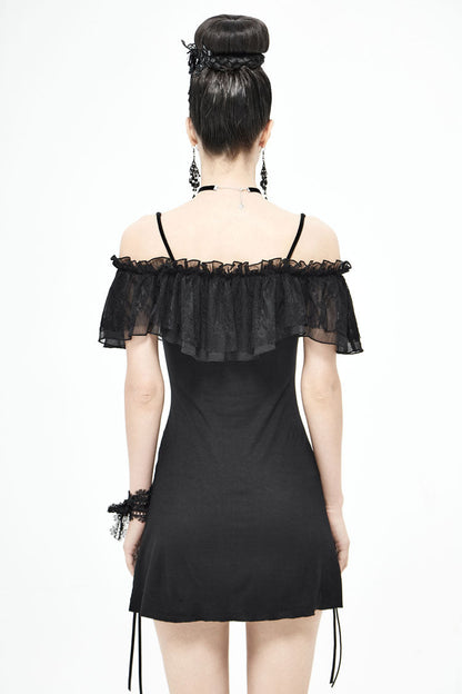 Black Lace Up Off Shoulder Chest Frilly Side Women's Punk T-Shirt