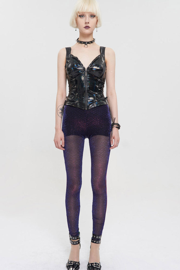 Black Color Changing Mesh Splicing Wavy Mesh Surface Women's Punk Leggings