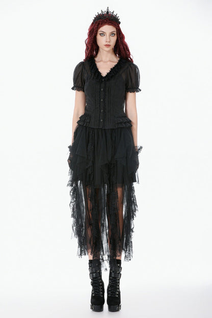 Black Deep V Collar Short Puff Sleeves Multi-Layered Ruffled Lace Sheer Women's Gothic Blouse