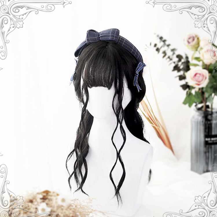 Black Air Bangs Long Hair Water Pattern Curly Classic Lolita Wigs