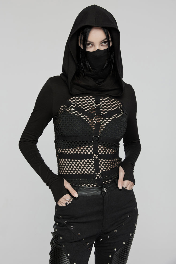 Black Long Sleeves Stitching Hooded Mesh Women's Punk T-Shirt