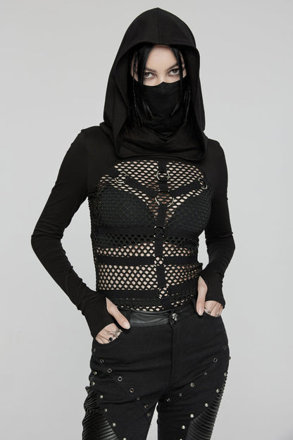 Black Long Sleeves Stitching Hooded Mesh Women's Punk T-Shirt