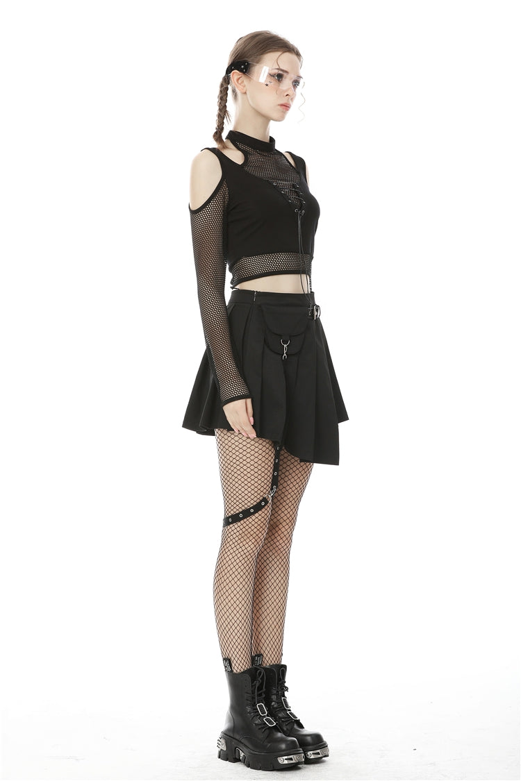 Black Off Shoulder Long Sleeves Lace-Up Chest Straps Sheer Mesh Women's Punk Top