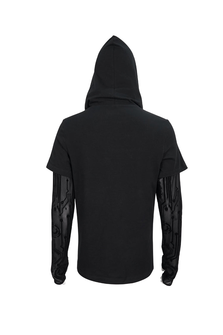 Black Paneled Mesh Long Sleeve Super High Collar Masked Circuit Diagram Printed Hooded Knitted Men's Punk T-Shirt