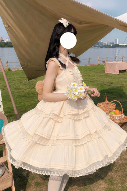 Apricot First Love Triple-Layered Ruffle Bowknot Lace Sweet Lolita Jsk Dress