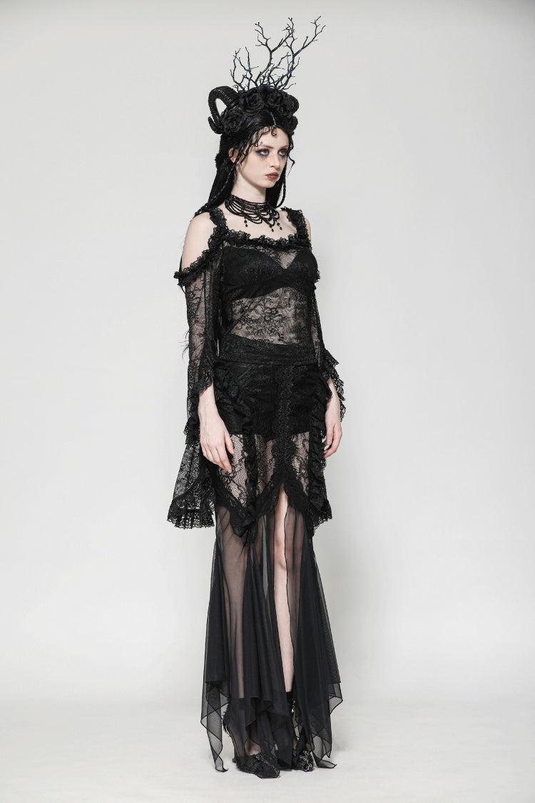 Black Lace-Up Mesh Spliced Lace Women's Gothic Fishtailed Skirt