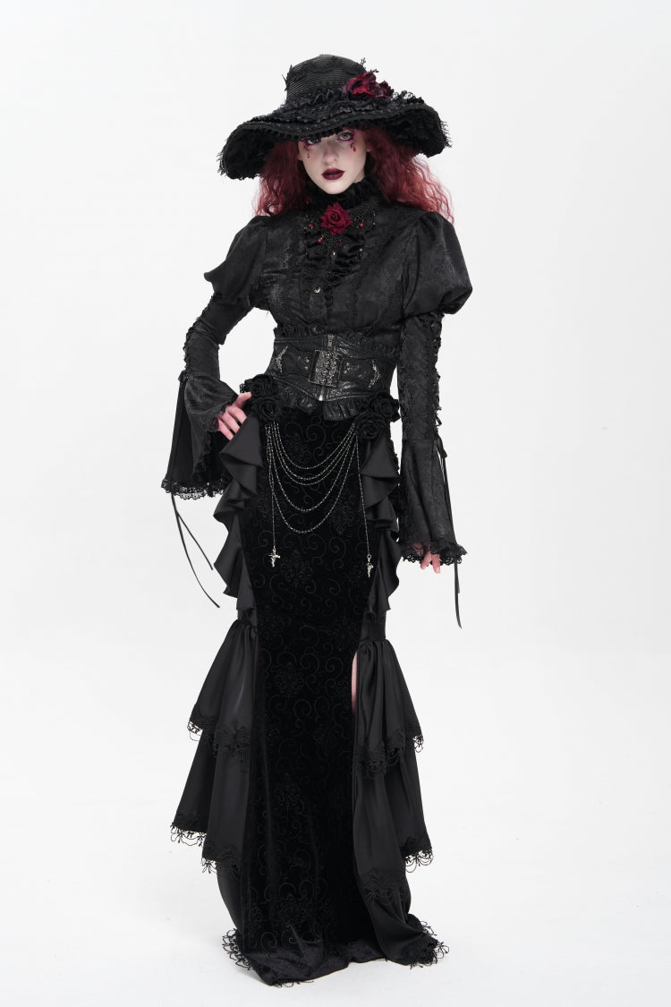 Black Floral Print Lace-Up Rose Chain Women's Gothic Fishtail Skirt