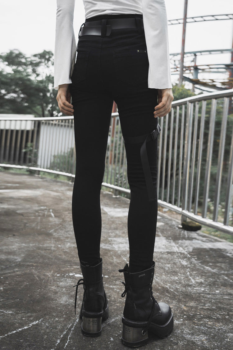 Black Detachable Loop Denim Skinny Women's Steam Punk Jeans