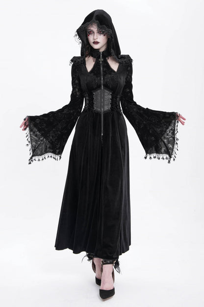 Black Long Sleeves Hollow Embroidery Hooded Ripped Women's Gothic Dress Coat