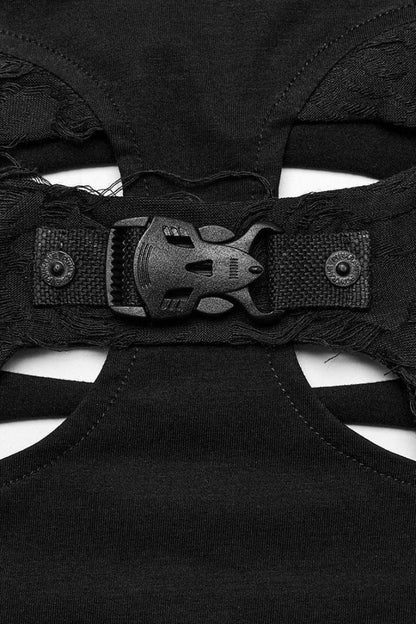 Black Long Sleeves Skull Buckle Decoration Hollow Sheer Womens Gothic Blouse