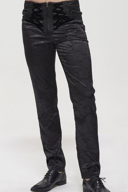 Black Gothic Glossy Pattern Drawstring Lace Decoration Men's Pants