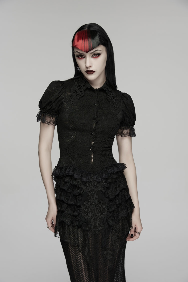 Black Lapel Collar Short Puff Sleeves Cut-Out Lace Lace-Up Slim Women's Gothic Blouse