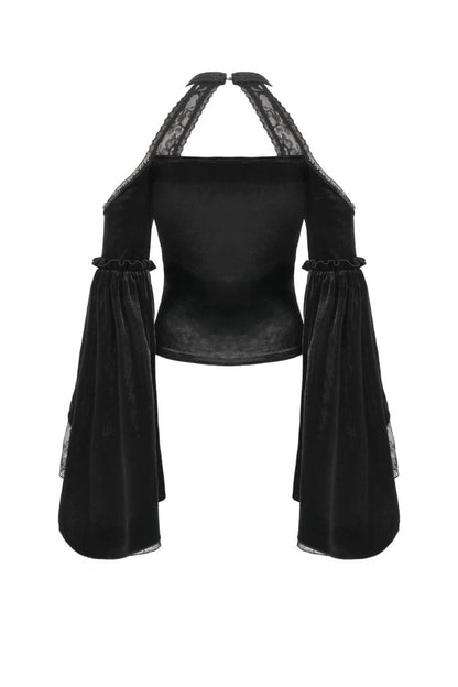 Black Off Shoulder Halterneck Long Trumpet Sleeves Cut-Out Lace Spliced Velvet Gothic Palace Top