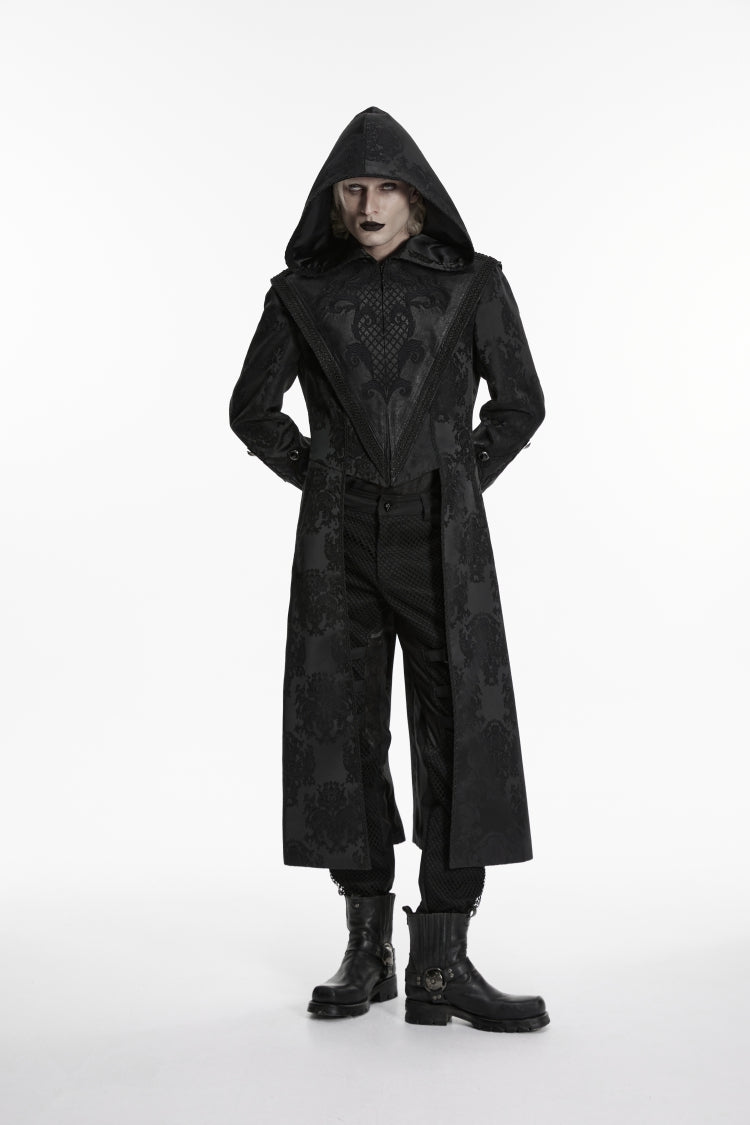 Black Long Sleeves Jacquard Embroidered Spliced Lace Hooded Color-Blocked Men's Punk Cool Coat