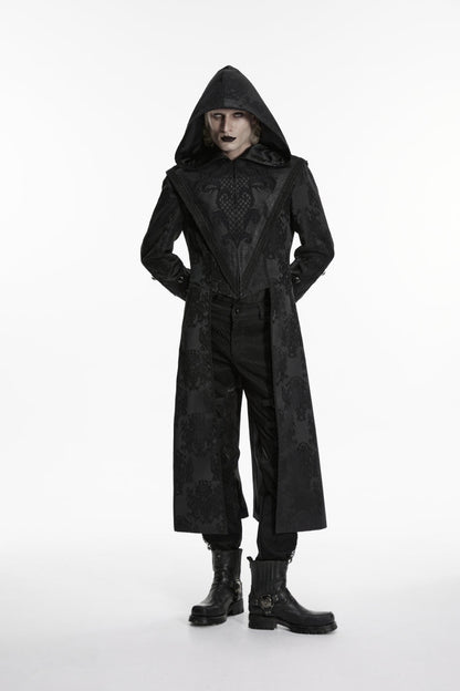 Black Long Sleeves Jacquard Embroidered Spliced Lace Hooded Color-Blocked Men's Punk Cool Coat