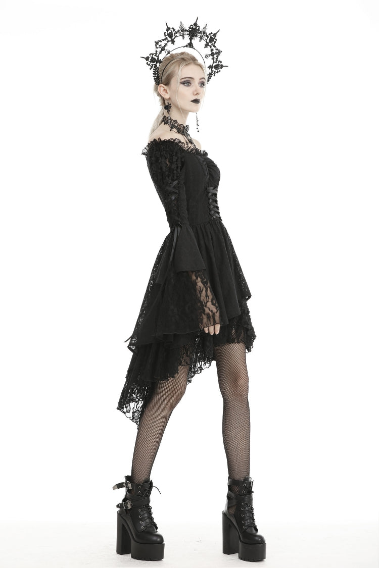 Black Off Shoulder Long Trumpet Puff Sleeves Lace-Up Strappy Mesh Women's Gothic Cocktail Dress