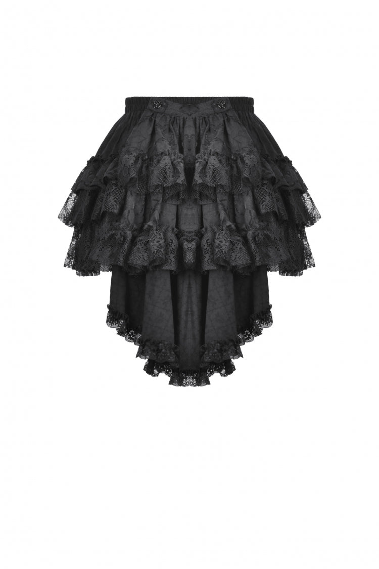 Black Multi-Layered Lace Women's Gothic Puffy Skirt with Detachable Swallow Tail