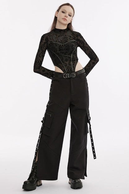 Black Imitation Leather Dividing Line Round Collar Long Sleeves Print Women's Punk Bodysuit