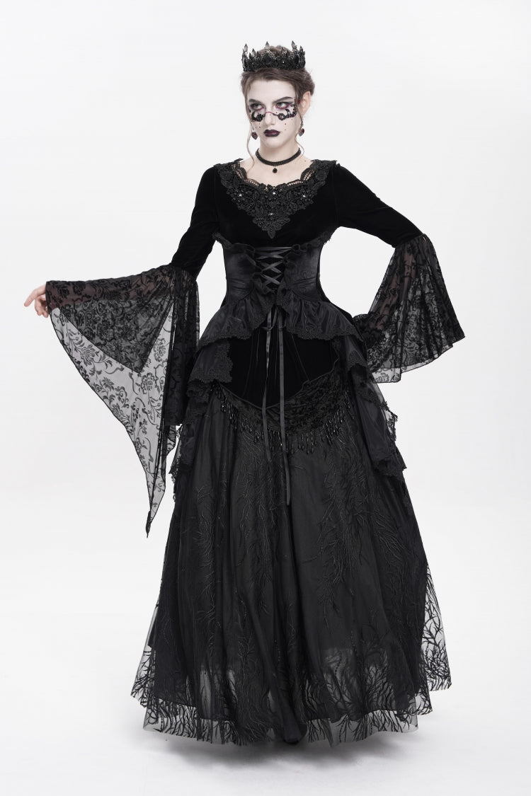 Black Long Sleeves Lace-Up Beaded Pleated Women's Gothic Blouse