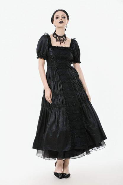 Black Lace Square Collar Short Puff Sleeves Lace-Up Ruched Women's Gothic Wedding Dress