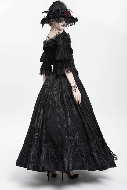 Black Jacquard Embroidery Buckle Tassels Women's Gothic Long Skirt