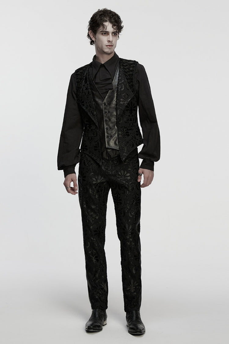 Black Long Sleeves V Collar Floral Embroidery Men's Gothic Vest