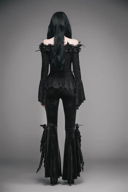 Black Knit One-Word Shoulder Rose Decoration Collar Waist Side Splice Lace Up Flare Sleeve Women's Gothic Shirt