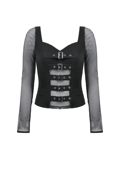Black Mesh Spliced Long Sleeves Buckled Strap Eyelet Women's Punk Top