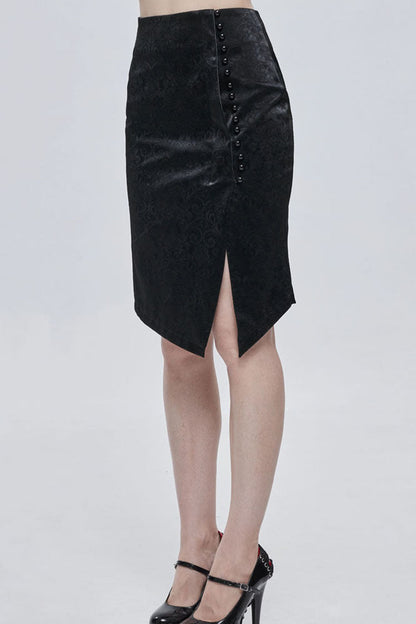 Black Gothic Pattern Leather Button Decoration Slim-Fitting Hip Women's Skirt