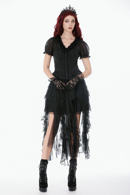 Black Deep V Collar Short Puff Sleeves Multi-Layered Ruffled Lace Sheer Women's Gothic Blouse