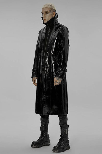 Black Dual Stand Collar Metal Buckle Patent Leather Stitching Mens Steampunk Coat