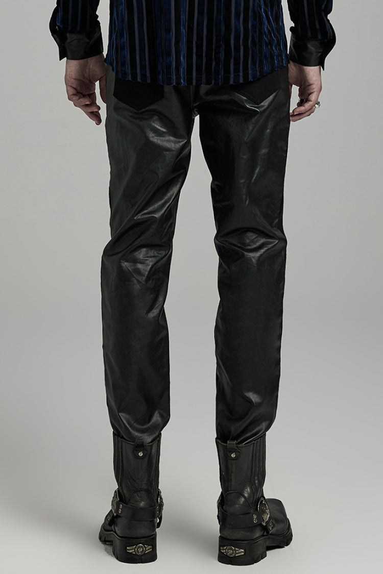 Black Faux Leather Stitching Zipper Men's Punk Pants
