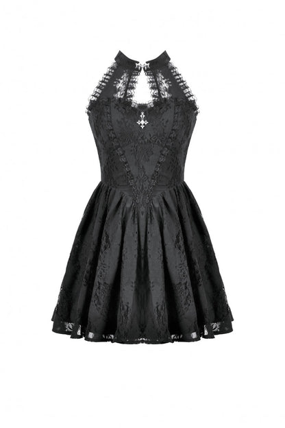 Black Off Shoulder Halterneck Sleeveless Lace Women's Gothic Short Dress