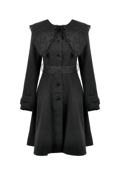 Black Floral Embroidered Peter Pan Collar Long Sleeves Bowknot Women's Gothic Coat