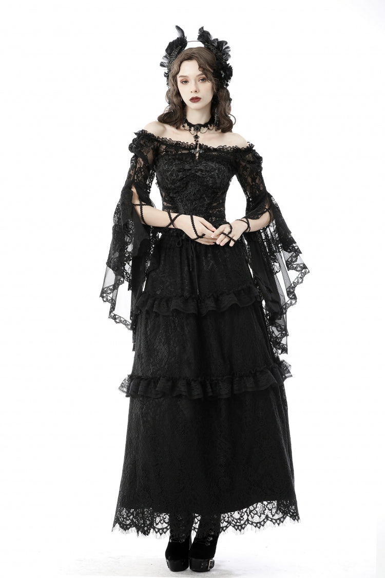 Black Off Shoulder Lace Long Trumpet Sleeves Floral Mesh Women's Gothic Cape
