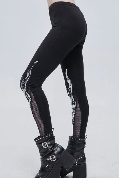 Black Gothic Stretch Knitted Fabric Spliced Mesh Devil Sheep Head Pattern Printing Women's Leggings
