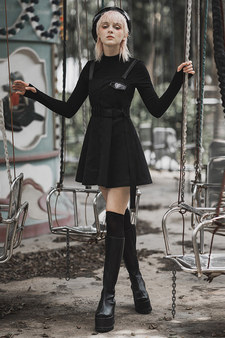 Black High Waist Belted PU Leather Strap Irregular Women's Steam Punk Dress