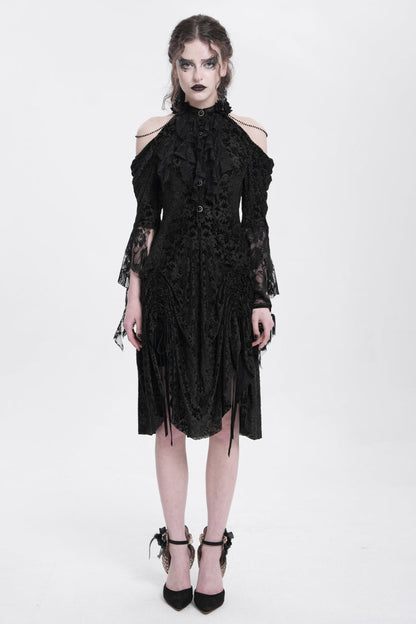Black Off Shoulder Drawstring Jacquard Embroidery Women's Gothic Party Dress
