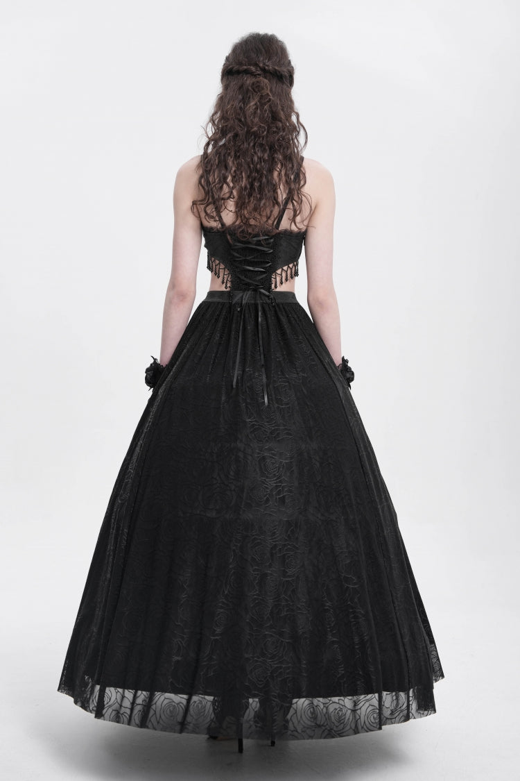 Black Jacquard Floral Embroidery Lace Ripped Women's Gothic Party Slip Dress