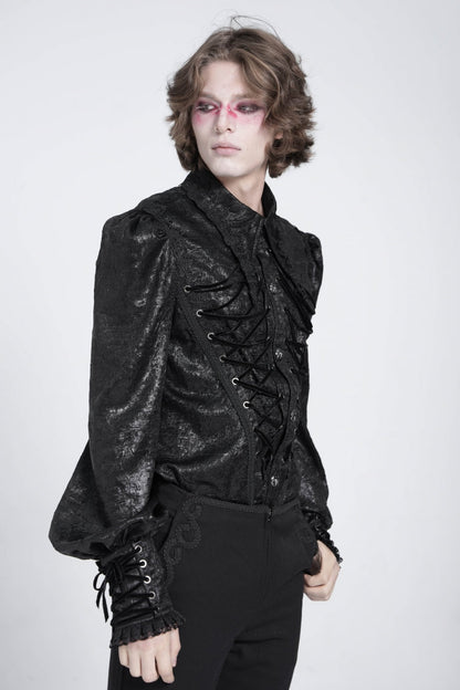 Black Long Puff Sleeves Jacquard Lace Men's Gothic Blouse