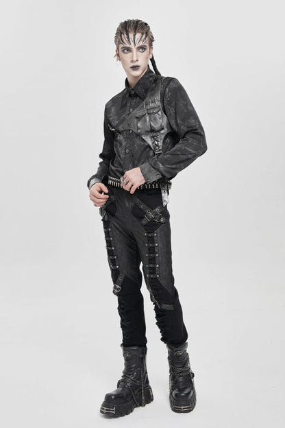 Black Long Sleeves Print Stitching Asymmetric Bullet Men's Punk Blouse