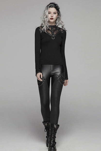 Black Crack Velvet Splice Knit PU Leather Metal Buckle Connect Chain Women's Punk Leggings