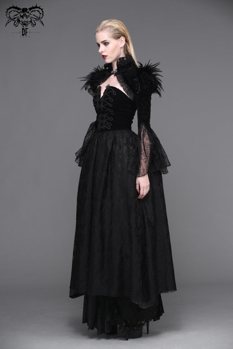 Black High Collar Long Trumpet Sleeves Printed Lace Pleated Women's Vintage Punk Jacket